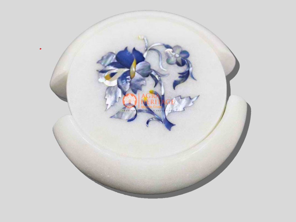 Handmade White Marble Lapis Floral Coaster Set